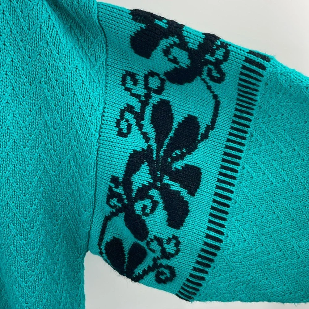 Vintage 90s Jason Maxwell Cardigan Teal Black Made in Hong Kong Size Large